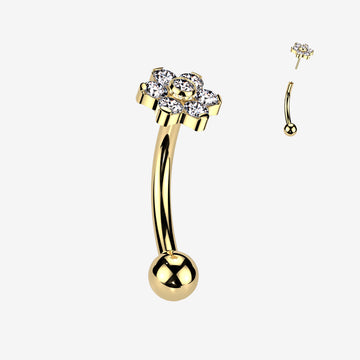 Implant Grade Titanium OneFit Threadless Golden Brilliant Flower Sparkle Top Curved Barbell-Clear Gem